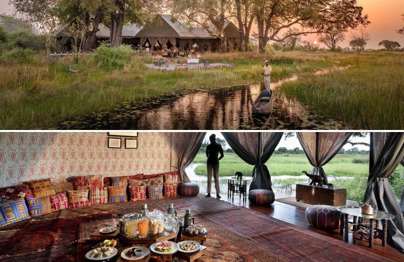 A traditional tented safari camp overlooks a narrow waterway at sunset, with a mokoro approaching through the reeds.