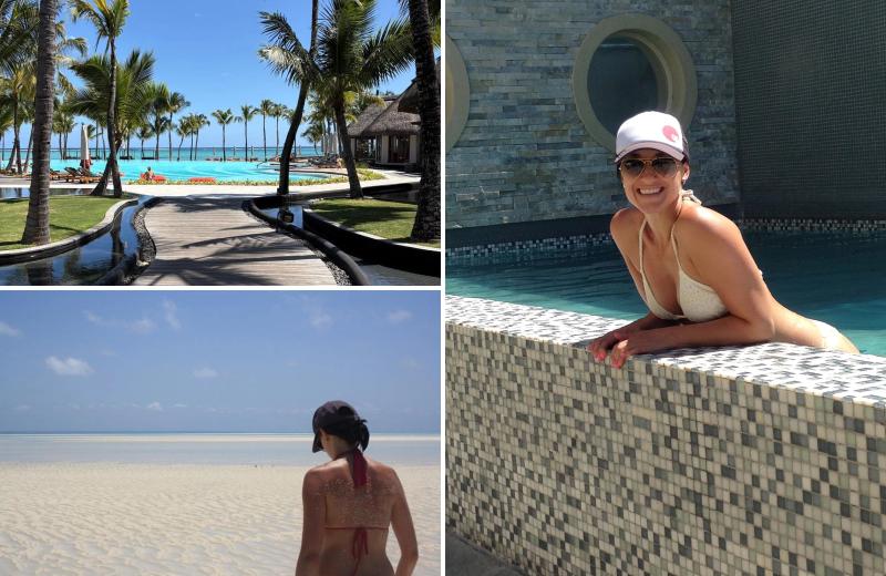A woman enjoys the resort pool and beach in Mauritius