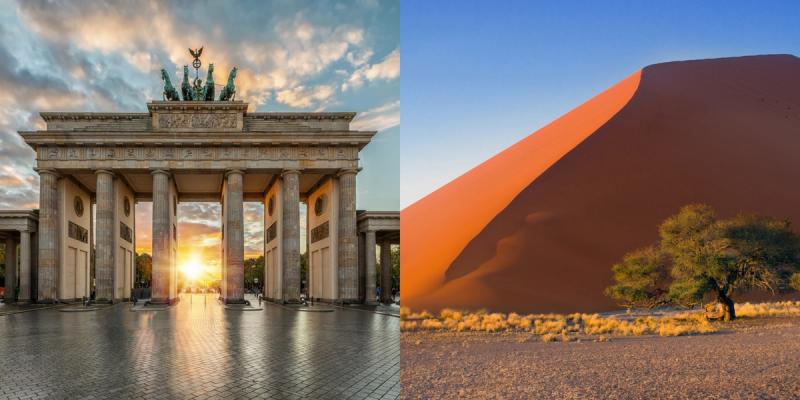 Brandenburg Gate in Berlin, Germany, and a sand dune in Sossusvlei, Namibia