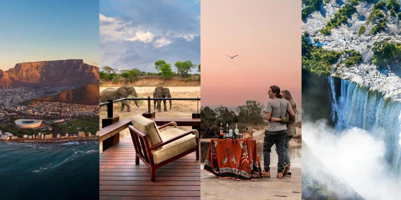 A grid showing images of Cape Town, Safari, Vic Falls and Botswana