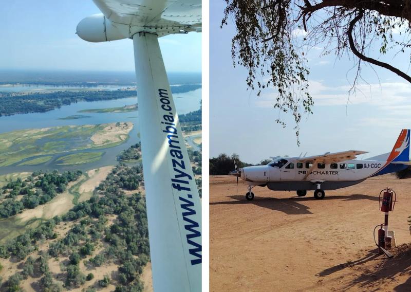 A collage a charter plane and the view from the window in Zambia