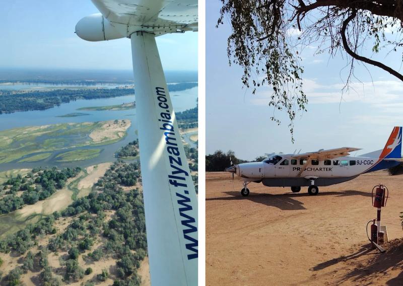 A collage a charter plane and the view from the window in Zambia