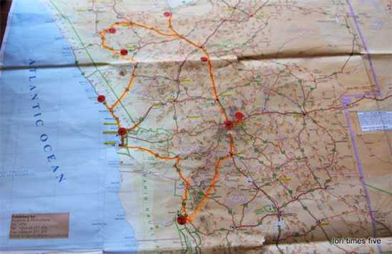 "Here is a well worn old friend, our trusty map. I was the navigator and know this paper very well now. "Our journey has taken us from Windhoek, to the dunes at Sossusvlei, to the Skeleton coast, to the mountains of Southern Damaraland and the Plateaus of the north."