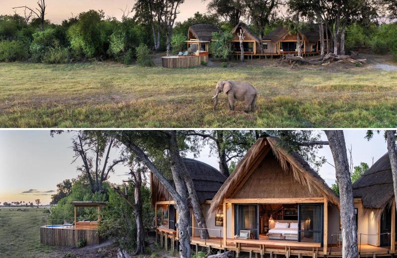 A safari lodge sits among trees and grassland beside a waterhole, with an elephant walking across the open area in front of the guest rooms.