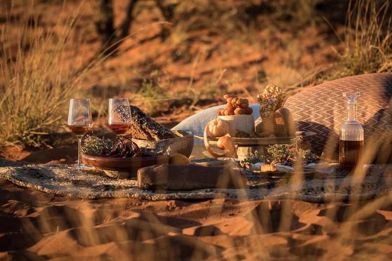Picknick im Tswalu Kalahari Reservat zwischen roten Dünen