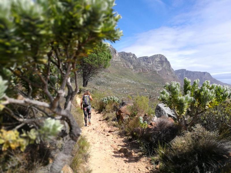 A woman on a hike in Cape Town on the pipe track trail
