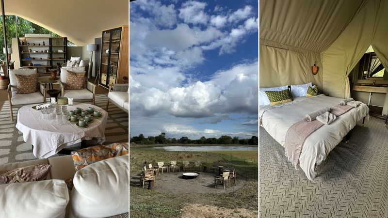 Chicari’s lounge, firepit, and tented bedroom sit open to big skies and wetlands during a Gorongosa safari.