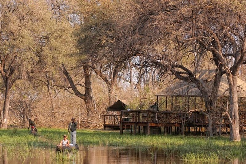 Personen unternehmen eine Kanufahrt auf Gewässern vor dem Khwai Tented Camp
