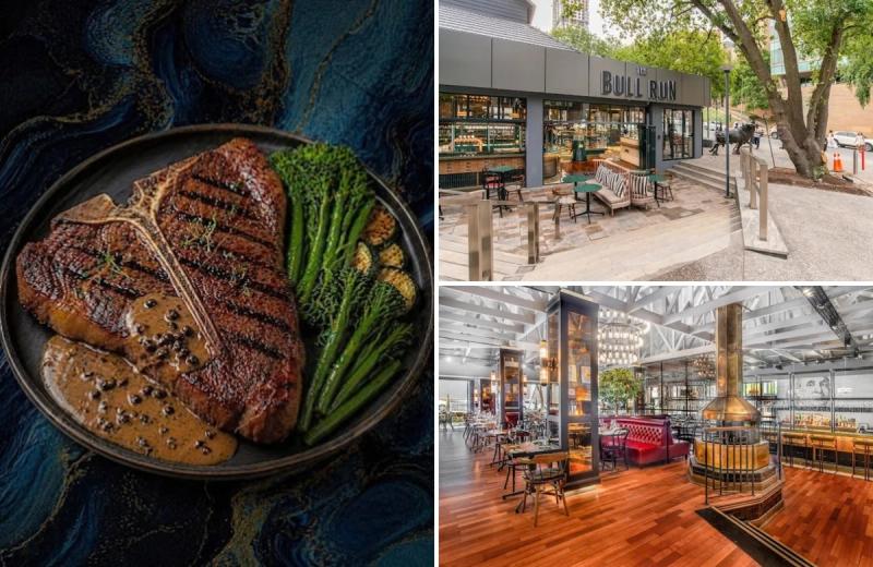 A collage of The Bull Run, featuring a steak dinner, and the exterior and interior of the restaurant in Johannesburg