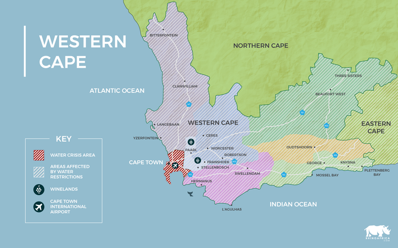 Carte du Cap-Occidental et de la zone concernée par la sécheresse au Cap
