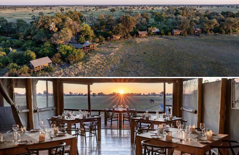 An elevated safari lodge overlooks a broad green floodplain, with a dining area in the foreground and an elephant visible in the distance.