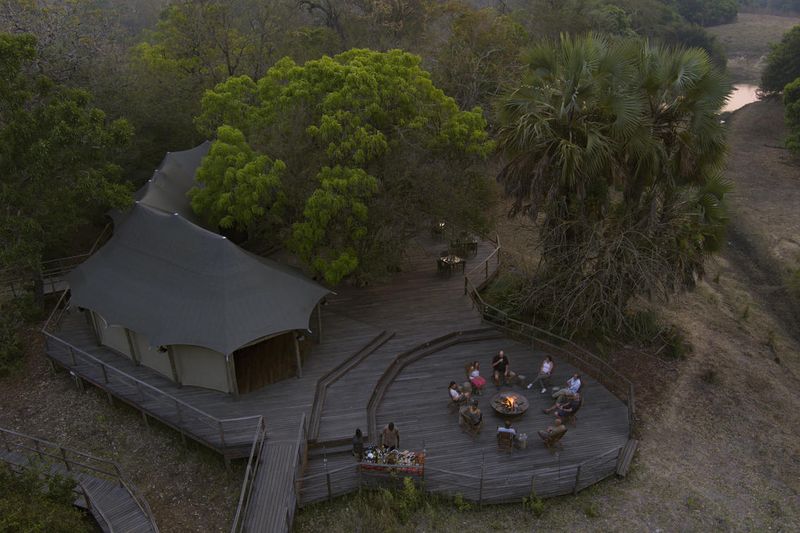 Aerial view of the outside deck at Muzimu Lodge