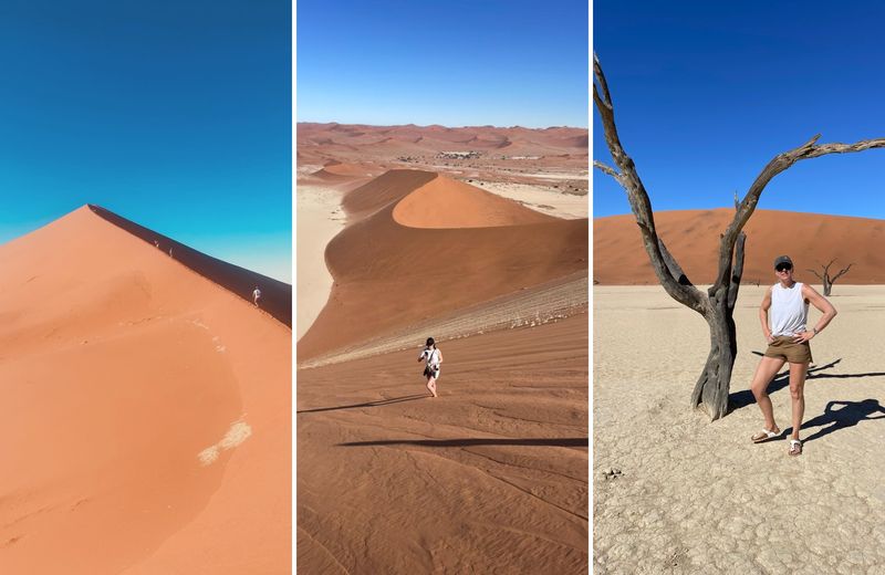 Panorámicas desde Big Daddy y Deadvlei en Sossusvlei, con imponentes dunas de arena roja y la emblemática cuenca de arcilla blanca de Namibia.