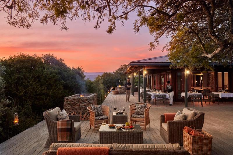 The lodge main deck at sunset