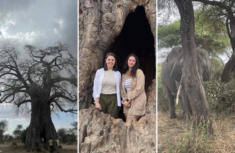 Two women stand in front of a giant baobab in Tarangire National Park, one of the best places in Tanzania