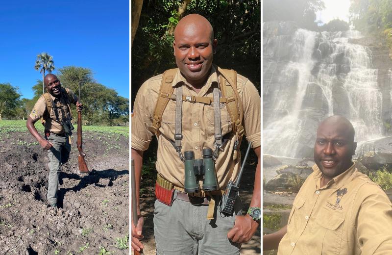 A collage of a ranger exploring Gorongosa National Park on a Mozambique safari