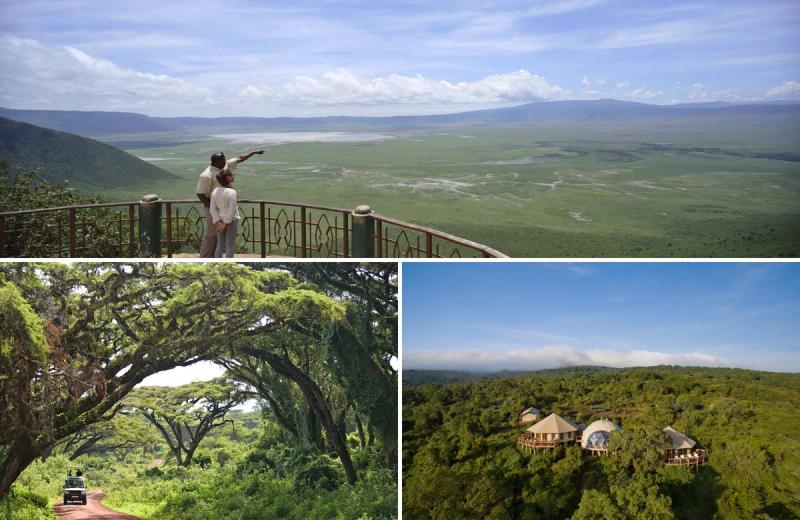 A view of the Ngorongoro Crater, a drive to the crater, and a view of The Highlands, one of the best places to start on a Ngorongoro safari. 