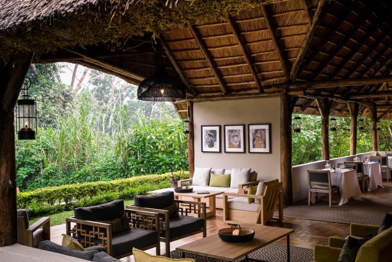 Outdoor lounge area at Sanctuary Gorilla Forest Camp in Uganda