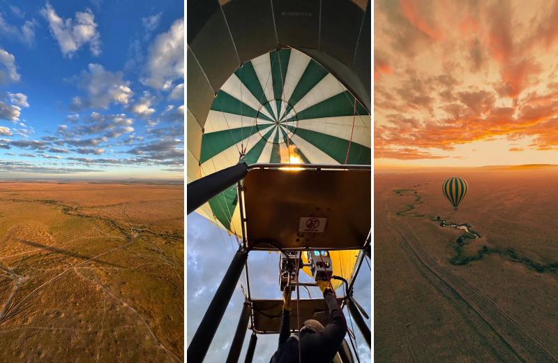 A hot-air balloon flying above the Maasai Mara at sunrise, with another view showing the balloon basket and expansive grasslands below.