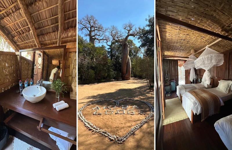 Akiba Lodge cottages, bathroom and outdoor setting beneath a thatched roof in Madagascar