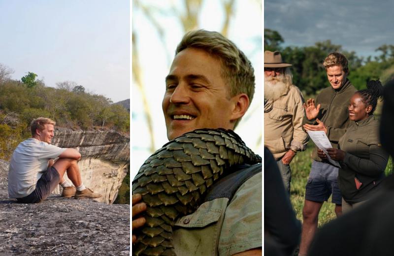 A collage of a man sitting in the wilderness, holding a pangolin, and clapping his hands at Gorongosa National Park