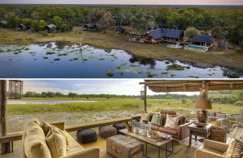 An aerial view of a safari lodge surrounded by woodland and seasonal wetlands, with guest rooms scattered around the main lodge and pool.
