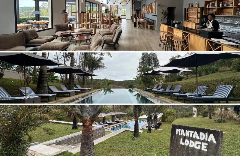 Montadia Lodge with its restaurant, swimming pool and lush green surroundings in Madagascar
