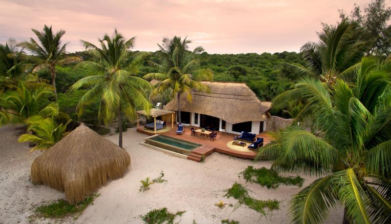 One of andBeyond Benguerra Island's luxury thatched-roof villas surrounded by palm trees, featuring a private plunge pool and spacious wooden deck.