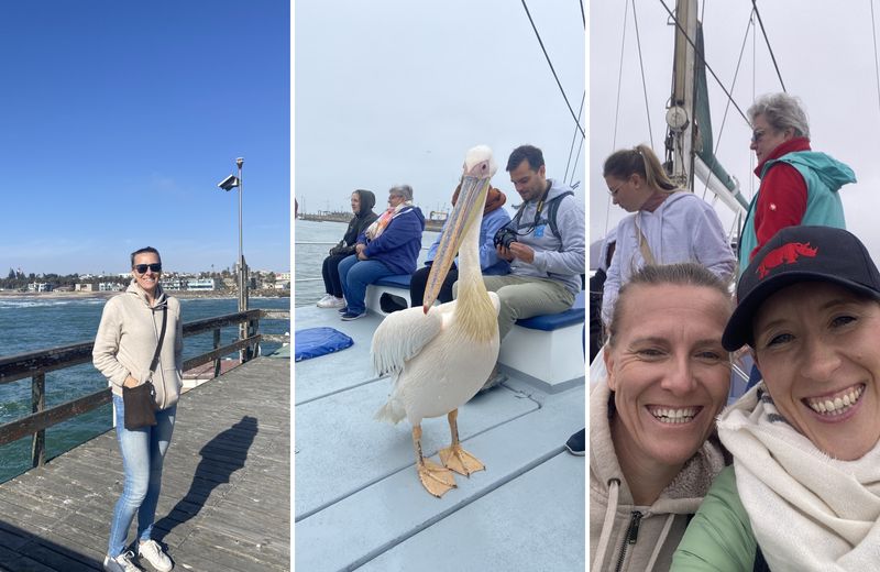 Peggy explorando Swakopmund y Walvis Bay, incluyendo un crucero en catamarán con pelícanos a lo largo de la costa atlántica de Namibia.