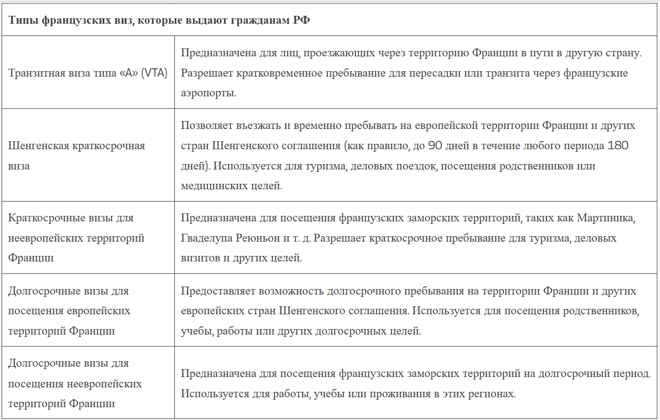 Типы французских виз