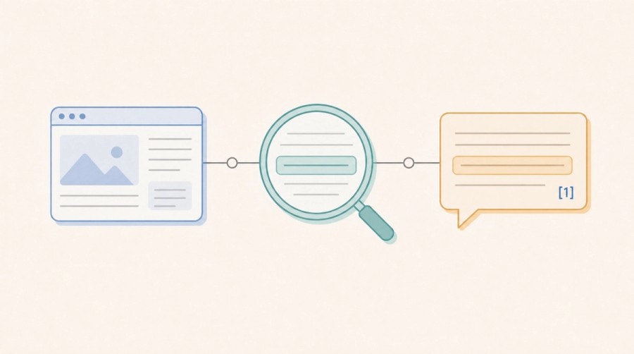 A webpage passes through retrieval selection and becomes a cited AI answer.
