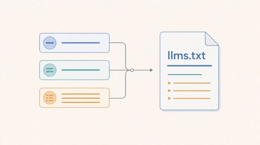Title, summary, and link sections assemble into one llms.txt document.