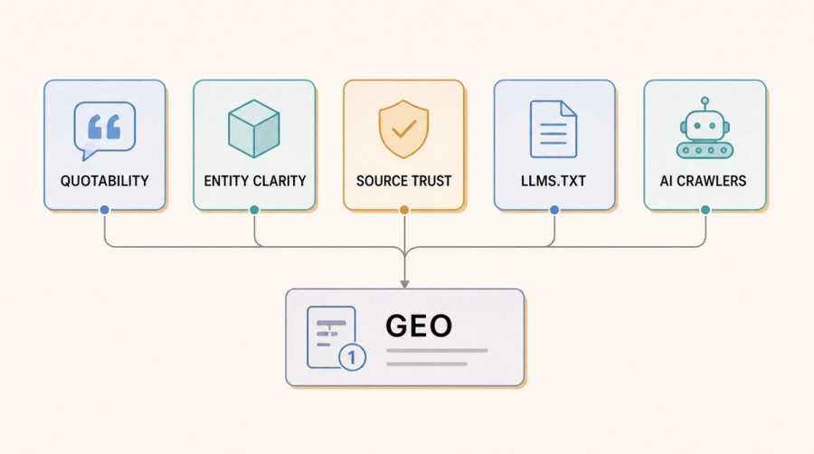 Five GEO-specific signals—quotability, entity clarity, source trust, llms.txt, and AI crawler access—feeding a cited answer