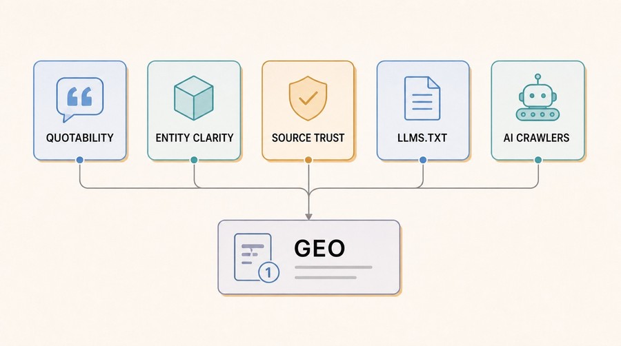 Five GEO-specific signals—quotability, entity clarity, source trust, llms.txt, and AI crawler access—feeding a cited answer