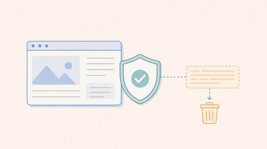 A protective shield removes a concealed instruction fragment from a webpage.