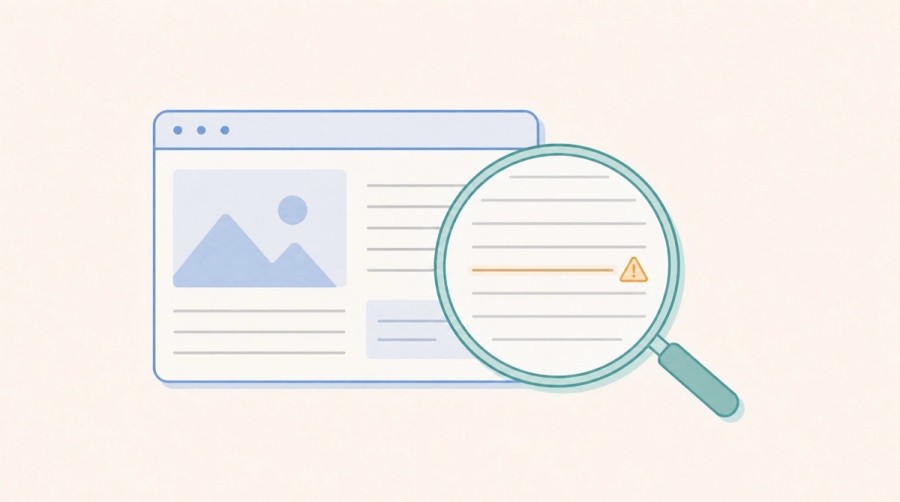 A magnifying lens reveals a suspicious hidden line in a webpage.