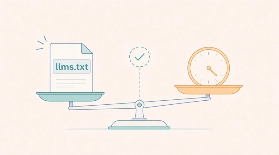 A balance weighs an llms.txt document against the time required to create it.