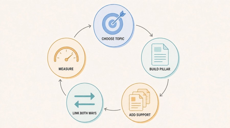 Five-stage circular workflow for choosing a topic, building a pillar, adding support pages, linking both ways, and measuring authority
