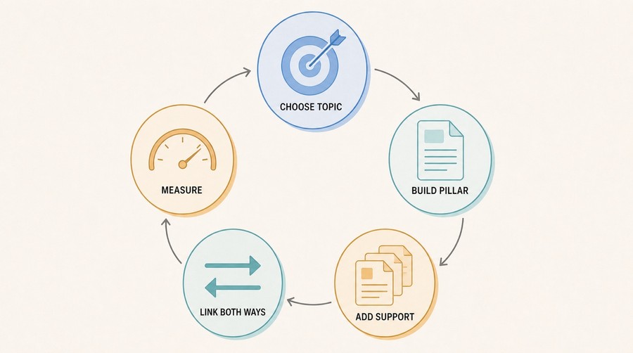 Five-stage circular workflow for choosing a topic, building a pillar, adding support pages, linking both ways, and measuring authority