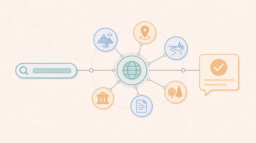 A search query expands into a connected network of entities before producing an answer.