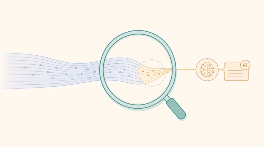 A magnifying lens isolates the AI-origin portion of a referral stream.