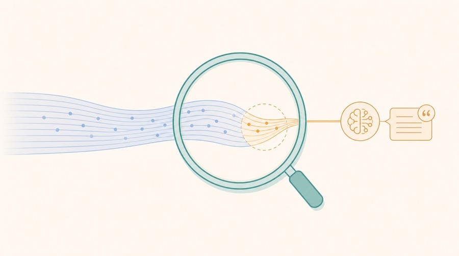 A magnifying lens isolates the AI-origin portion of a referral stream.