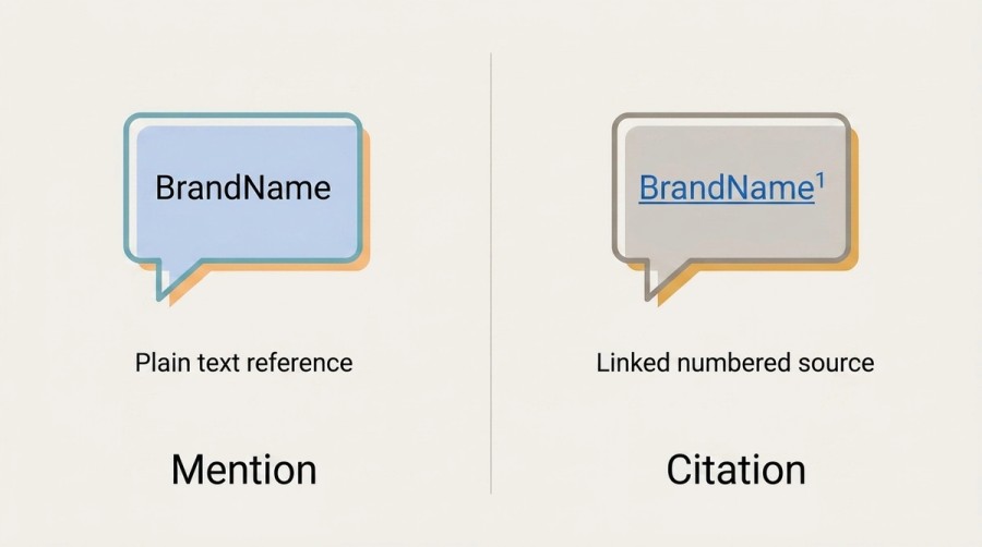 Diagram comparing an AI mentioning a brand by name versus citing it as a linked source, the two outcomes an AI citation check measures