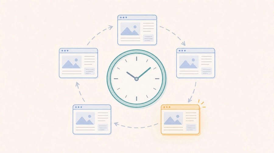A clock is surrounded by repeated crawler visits to the same webpage.