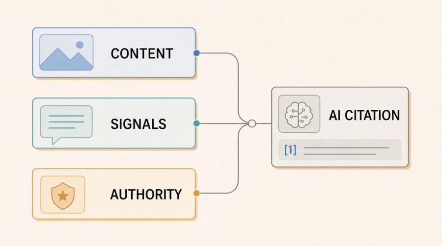 Diagram showing content, technical signals, and authority converging into an AI answer with a numbered citation