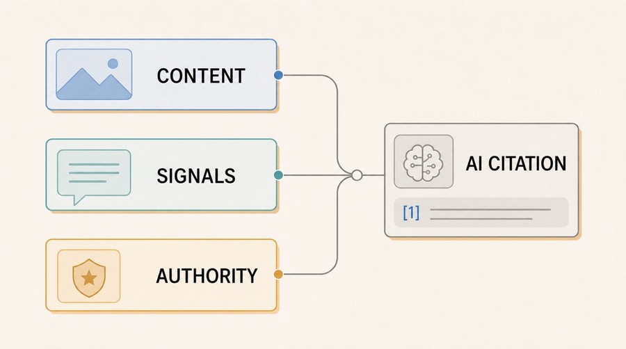Diagram showing content, technical signals, and authority converging into an AI answer with a numbered citation