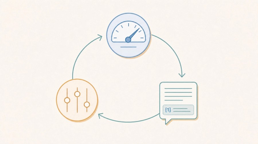 A readiness gauge, adjustment controls, and citation signal form a continuous improvement loop.