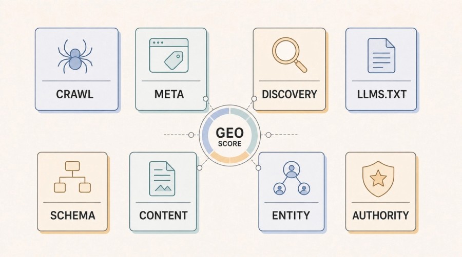 Eight-card diagram of the GEO score dimensions: crawl, meta, discovery, llms.txt, schema, content, entity, and authority