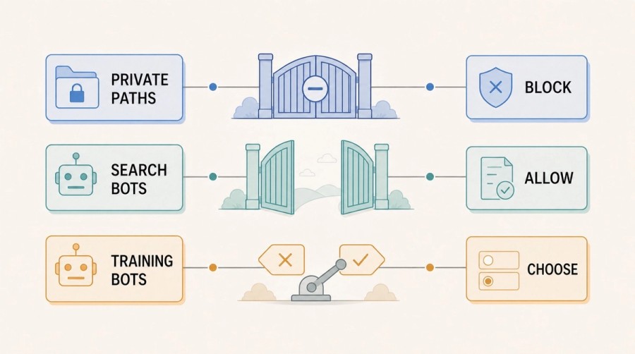 Three-lane robots.txt policy diagram showing private paths blocked, search bots allowed, and training bots handled by choice