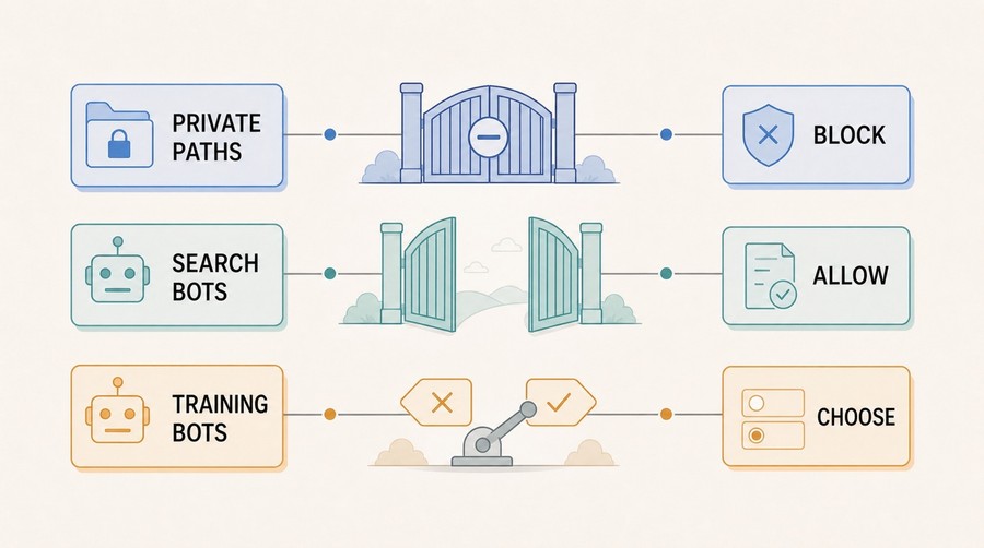 Three-lane robots.txt policy diagram showing private paths blocked, search bots allowed, and training bots handled by choice